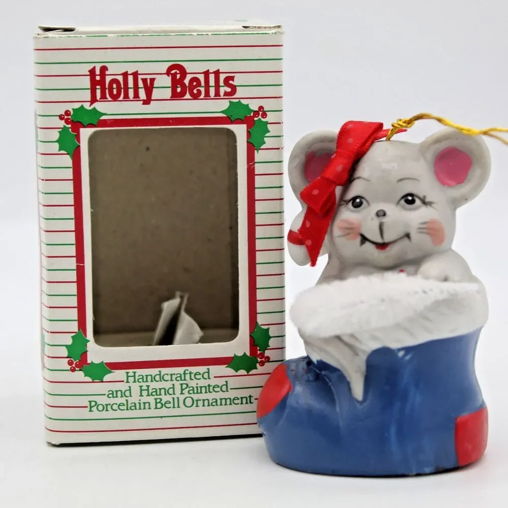Holly Bells Porcelain Mouse Stocking Bell Ornament Vintage 1986 Original Box b